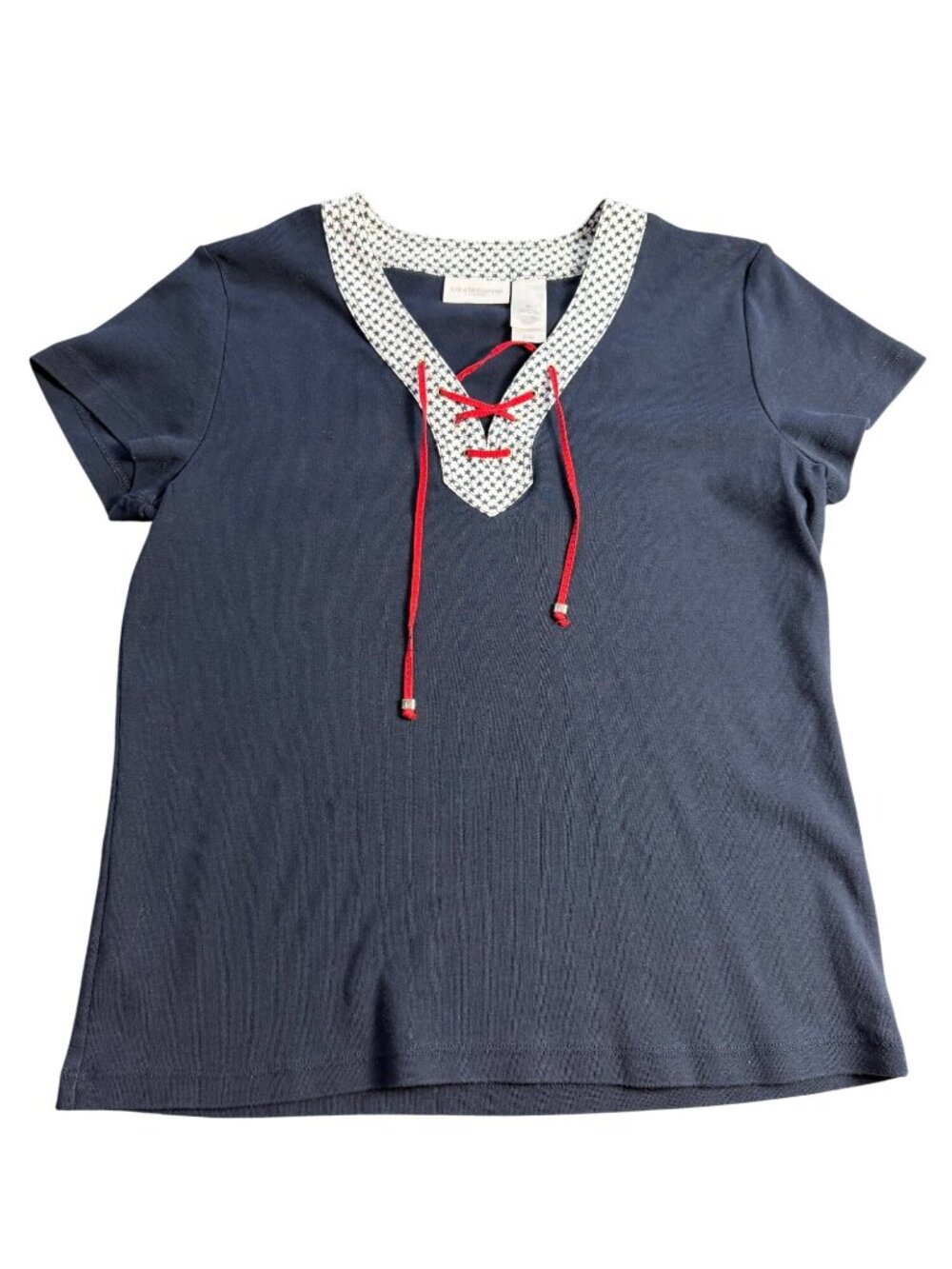 Liz Claiborne Lizsport Navy Cotton Top With Star Print Collar & Red Lace-Up Deta
